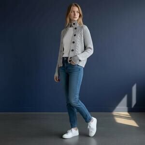 Gap vintage blue/gray  medium cable-knit button-up cardigan high funnel neckline